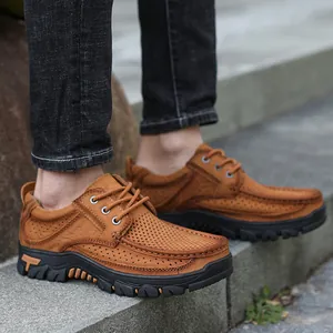 Scarpe casual outdoor da uomo retrò in vera pelle marrone con fori traspiranti.