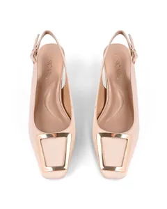 Top view of square toe slingback pumps with gold metal buckle and croc-embossed texture.