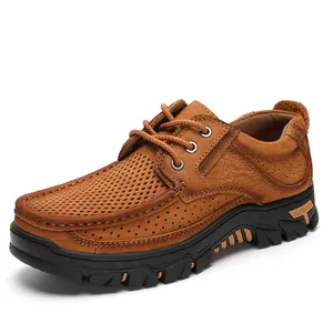 Scarpe outdoor in pelle retrò da uomo con design traforato traspirante e suola spessa
