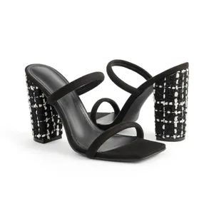 Black square toe block heel sandals with textured tweed chunky heel and dual straps
