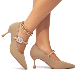 Beige pointed toe knitted kitten heels with Mary Jane strap and rhinestone buckle