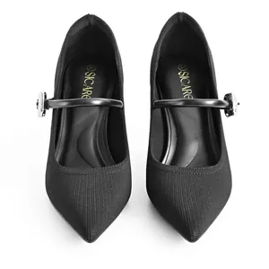 Black pointed-toe Mary Jane heels with knit texture and rhinestone buckle strap