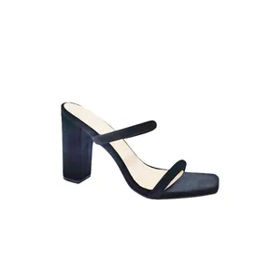 Elegant navy blue velvet square toe sandals featuring a comfortable chunky high heel design