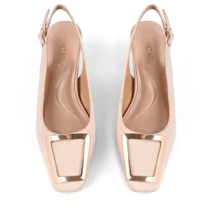 Nude square-toe slingback pumps with gold metal buckle and chunky heel
