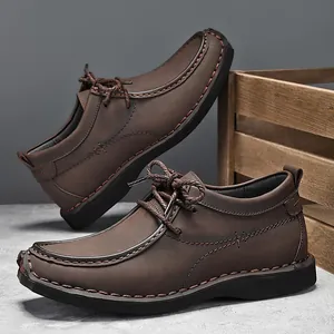 Heren Britse Stijl Casual Leren Schoenen Herfst Platformzool Verborgen Hak Vetersluiting Handgemaakte Stiksels Heren Schoenen