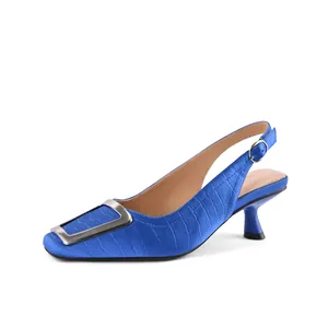 Elegant blue square-toe slingback sandals with a stylish silver metal buckle