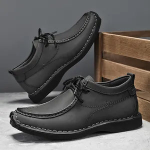 Britse stijl heren casual lederen schoenen met veters, dikke zool en verhoogde hiel