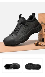 Gedetailleerde weergave van wandelschoenen voor heren met zijprofiel, bovenaanzicht en antislipzool