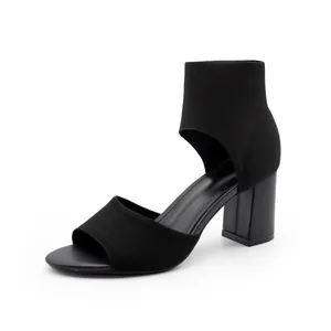 Women Flyknit Block High Heel Sandals Round Open Peep Toe Sock Sandal Roman Style Breathable Knit Fabric Summer Shoes