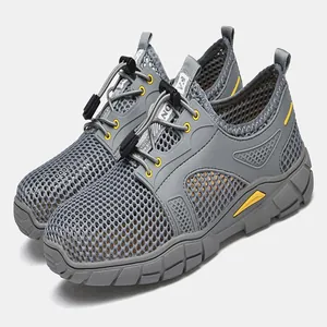 Zijaanzicht van grijze ademende mesh hardloopschoenen voor heren met gele details