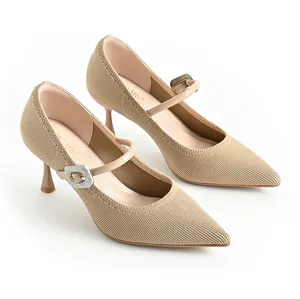Pointed toe Mary Jane stiletto pumps with knitted upper and decorative crystal buckle detail