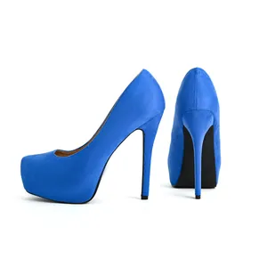 Close-up detail of royal blue suede platform stiletto high heels with round toe design