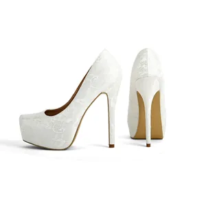 Elegant white lace platform high heels featuring a stiletto heel and romantic floral pattern
