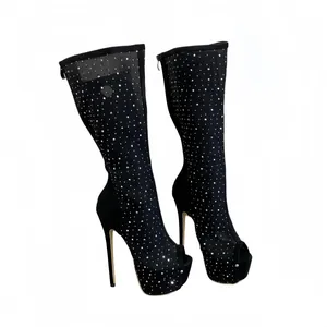 Detailed view of sexy black rhinestone mesh peep-toe stiletto platform long boots for women