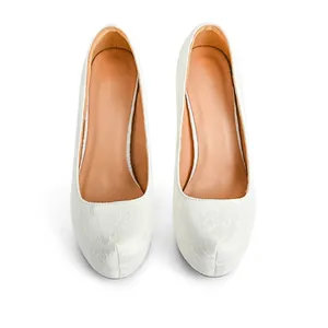 Top view of elegant white lace platform high heels with round toe design