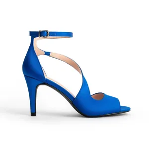Elegant blue satin peep-toe stiletto heel sandal with adjustable ankle strap buckle