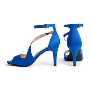 Side and back view of elegant blue satin peep toe stiletto sandals with ankle strap