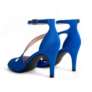 Detailed view of elegant blue satin stiletto sandals with ankle strap and peep toe design