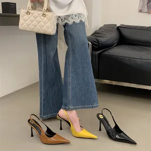 Elegant women's pointed toe slingback stiletto heels in yellow, black and brown leather