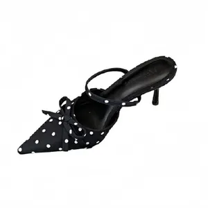 Elegant French style polka dot kitten heel sandals with sweet bow and chic pointed toe.