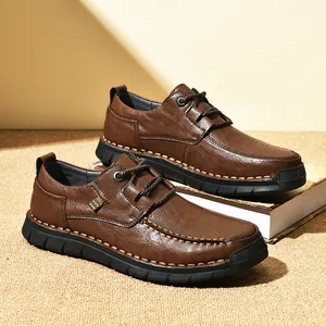 Heren Casual Leren Schoenen Microvezel Zachte Zool Handgestikt Vetersluiting Grote Maat Comfortabele Antislip Business Wandelschoenen