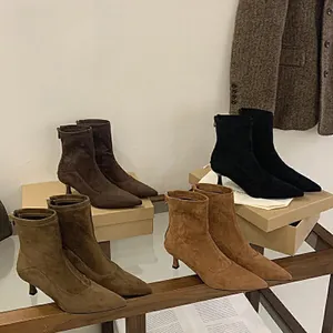Botines de Tacón de Aguja con Punta Estrecha para Mujer Ante Vintage Cuero Sintético Botas de Calcetín Moda Otoño Invierno