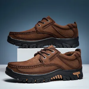 Ademende bruine leren outdoor vrijetijdsschoenen voor heren met een sterke rubberen zool