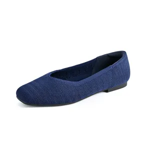 Ballerine in maglia blu a punta quadrata da donna, scarpe casual slip-on e traspiranti