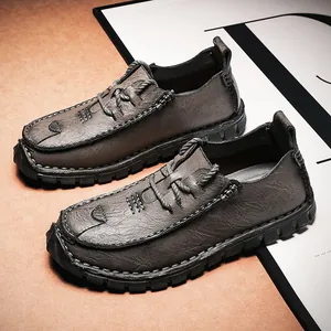 Premium heren casual leren schoenen met grove zolen in stijlvol grijsbruin ontwerp