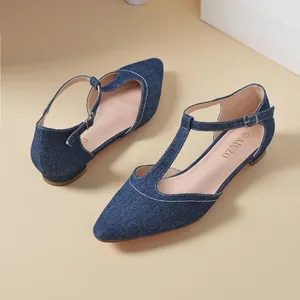 Elegant blue denim pointed-toe flats with T-strap and buckle closure in top-down view