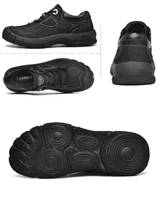 Viste multi-angolo professionali di scarpe da trekking basse in pelle nera da uomo.