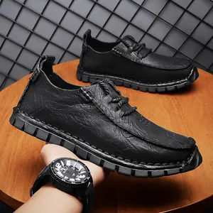 Premium men's stylish black leather casual loafers featuring a durable chunky non-slip rubber sole