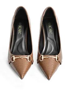 Elegant pointed toe high heels with brown crocodile pattern and decorative metal bit buckle.
