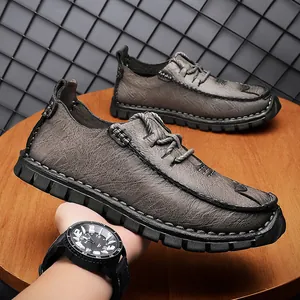 Stylish grey textured leather casual men's shoes with durable thick black rubber sole