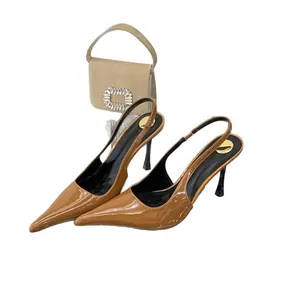 Elegant brown patent leather pointed-toe slingback high-heeled sandals for women