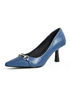 Elegant blue crocodile pattern pointed toe high heels with gold metal buckle detail