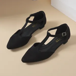 Detail shot of black suede T-strap pointed-toe flat shoes with gold insole logo.