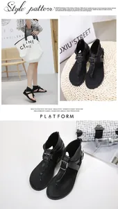 Detailed views of black retro flat thong gladiator sandals with stylish buckle straps.