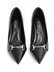 Elegant black crocodile texture pointed-toe pumps with gold metal horsebit buckle