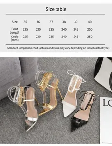 Größentabelle für spitze High Heels mit Kettenriemen und Schnürung in verschiedenen Farben