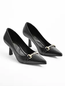 Elegant pointed-toe black crocodile pattern high heels with gold horsebit buckle.
