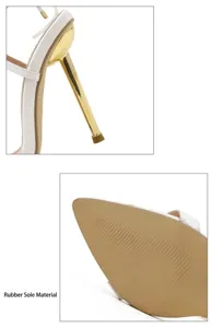 Detailansicht des eleganten goldenen Pfennigabsatzes und der Gummisohle am Schuh