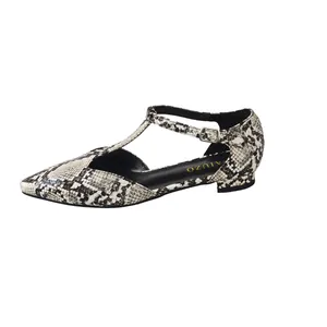 Elegant T-strap pointed toe flat shoes with classic snakeskin pattern