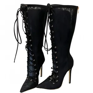 Elegant black lace mesh high heel boots with front lace-up design for summer dance