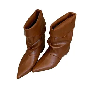 Classic brown pointed toe wedge mid-calf slouchy boots with stylish fold-over design