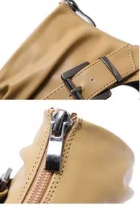 Macro view showing the metal buckle strap and zipper closure details of khaki Roman sandals