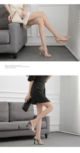 Seitenansicht von modischen High Heel Pantoletten mit transparenten PVC Riemen an einem Model.
