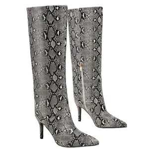 Elegant grey snake skin knee-high boots featuring pointed toe and sleek stiletto heel