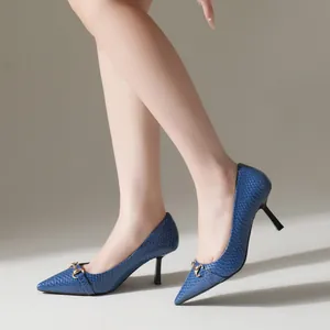 Elegant blue crocodile texture pointed toe high heels with decorative gold buckle