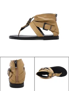 Detail views of women's flat khaki thong gladiator sandals with buckle straps